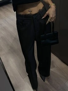DAZY 宽松休闲撞色蕾丝女式黑色裤子 Y2K 秋季 - 黑色 - 查看 6