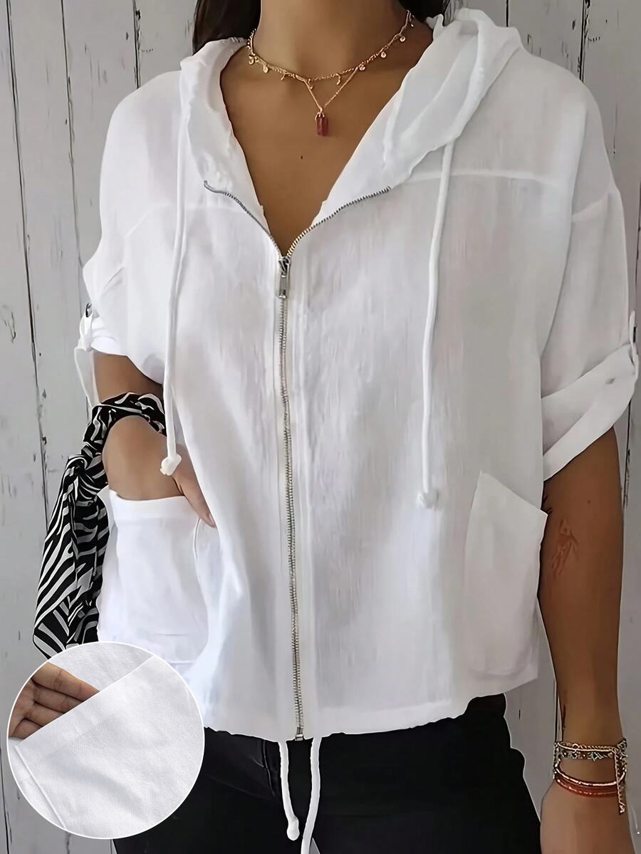 EMERY ROSE Plus Size Versatile Cotton Linen Feel Metal Zipper Jacket ...