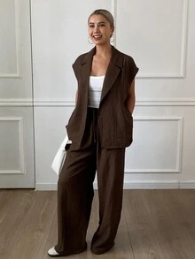 Livesso 两件套女士简约纯色亚麻度假风西装套装家居服短款套装 - 棕色 - 查看 5