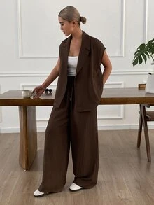 Livesso 两件套女士简约纯色亚麻度假风西装套装家居服短款套装 - 棕色 - 查看 7