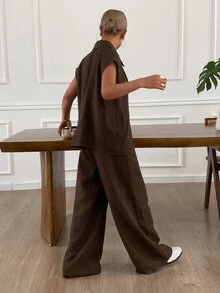 Livesso 两件套女士简约纯色亚麻度假风西装套装家居服短款套装 - 棕色 - 查看 2