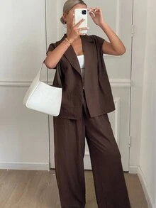 Livesso 两件套女士简约纯色亚麻度假风西装套装家居服短款套装 - 棕色 - 查看 4
