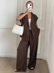 Livesso 两件套女士简约纯色亚麻度假风西装套装家居服短款套装 - 棕色 - 查看 1