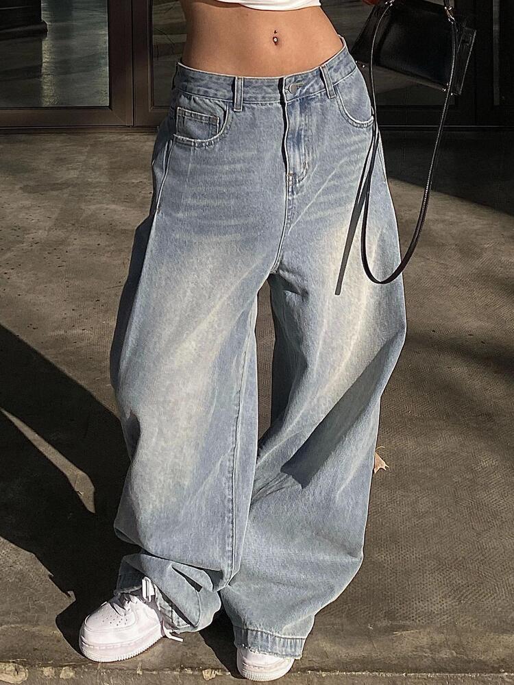 Livesso Women's Distressed & Faded Wide Leg Casual Jeans,Baggy Jeans - Blue - View 3