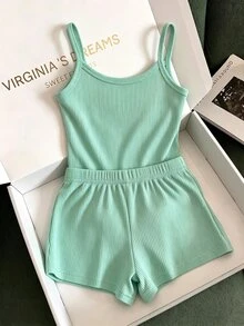 Franclia 女款休閒度假風水鑽裝飾細肩帶背心與短褲兩件套 - 薄荷綠 - 查看 2
