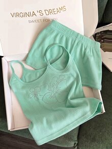 Franclia 女款休閒度假風水鑽裝飾細肩帶背心與短褲兩件套 - 薄荷綠 - 查看 4