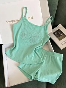 Franclia 女款休閒度假風水鑽裝飾細肩帶背心與短褲兩件套 - 薄荷綠 - 查看 5