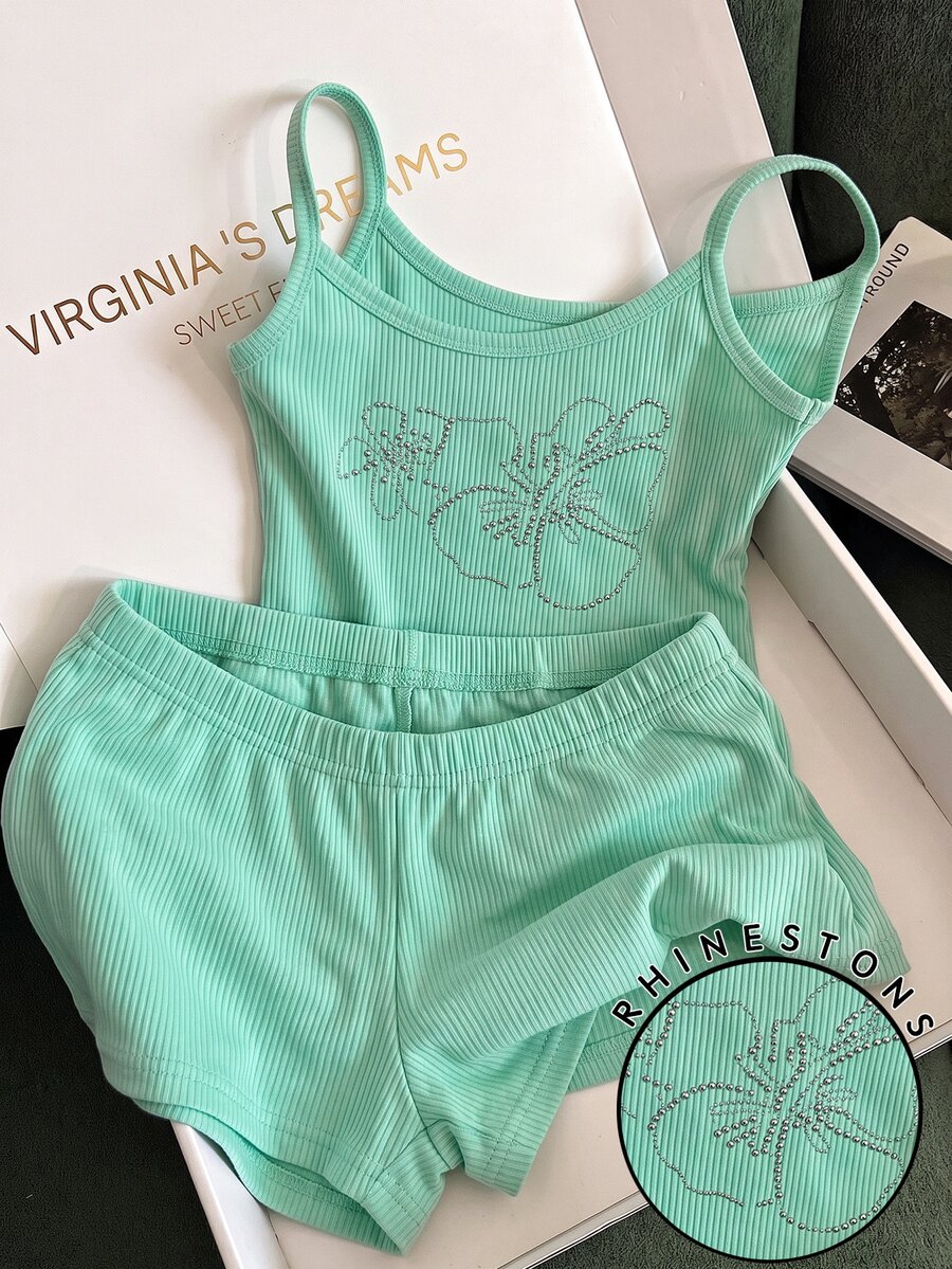 Franclia Women's Casual Vacation Rhinestone Decor Camisole & Shorts 2 Pieces Set - Mint Green - View 1