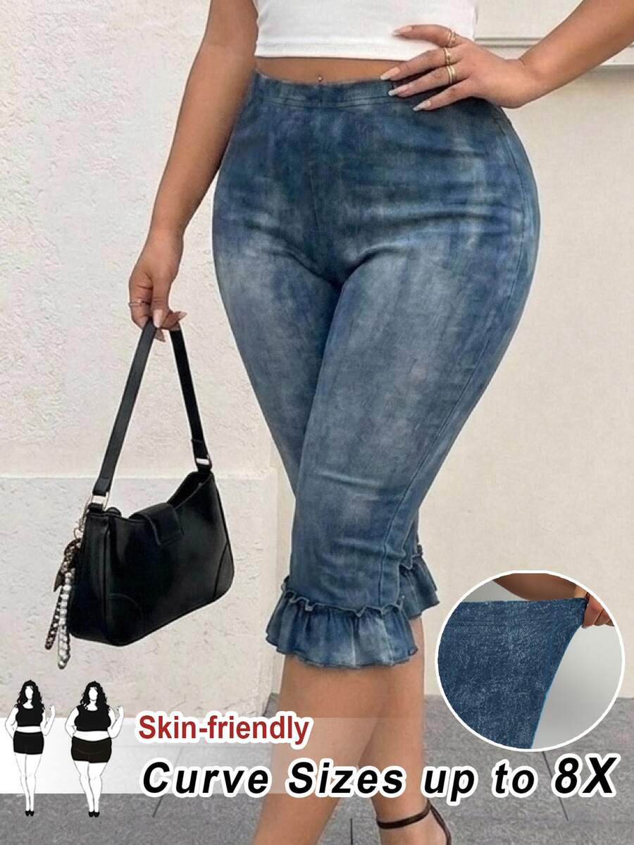 SHEIN CURVE+ 大尺碼牛仔效果印花荷葉邊下擺緊身褲 22W 嬰兒藍 約會之夜早午餐款 2026秋冬 - 藍色 - 查看 1