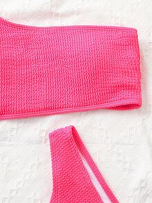 Swim Basics Summer Beach Textured Bikini Set One Shoulder Top & Cheeky Bottom 2 Piece Bathing Suit - Hot Pink - View 5