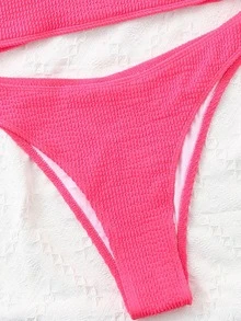 Swim Basics Summer Beach Textured Bikini Set One Shoulder Top & Cheeky Bottom 2 Piece Bathing Suit - Hot Pink - View 4