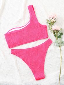 Swim Basics Summer Beach Textured Bikini Set One Shoulder Top & Cheeky Bottom 2 Piece Bathing Suit - Hot Pink - View 2