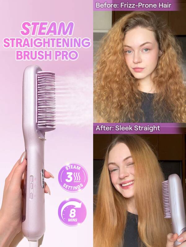 SHEGLAM HAIR Hydra Shot Steam Straightening Brush Pro,Straightener Comb,12 Temps & 3 Steam Levels,8 Min Sleek Straight,Keratin Pro™ Protective Coating,Nourishes Hair,Less Heat Damage & Reduced Breakage,Travel Dual Voltage For Fast Salon Results Curly & Frizzy Hair Gift Pink Makeup Beach Festivals Hair Care Y2K Vacation Summer Hair Accerssories Back To School Home