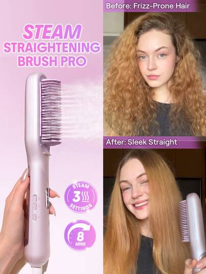 SHEGLAM HAIR Hydra Shot Steam Straightening Brush Pro,Straightener Comb,12 Temps & 3 Steam Levels,8 Min Sleek Straight,Keratin Pro™ Protective Coating,Nourishes Hair,Less Heat Damage & Reduced Breakage,Travel Dual Voltage For Fast Salon Results Curly & Frizzy Hair Gift Pink Makeup Beach Festivals Hair Care Y2K Vacation Summer Hair Accerssories Back To School Home
