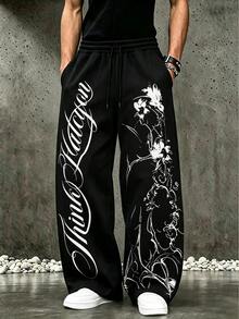 ROMWE MEN Men's Letter Print Pattern Drawstring Waist Loose Sweatpants - Black - View 2