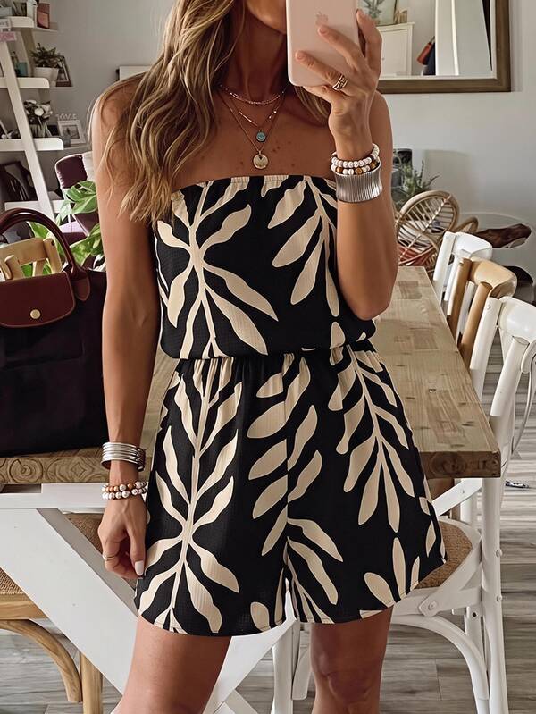 Brillora Women's Fashion Elegant Casual Vacation Printed Strapless Jumpsuit