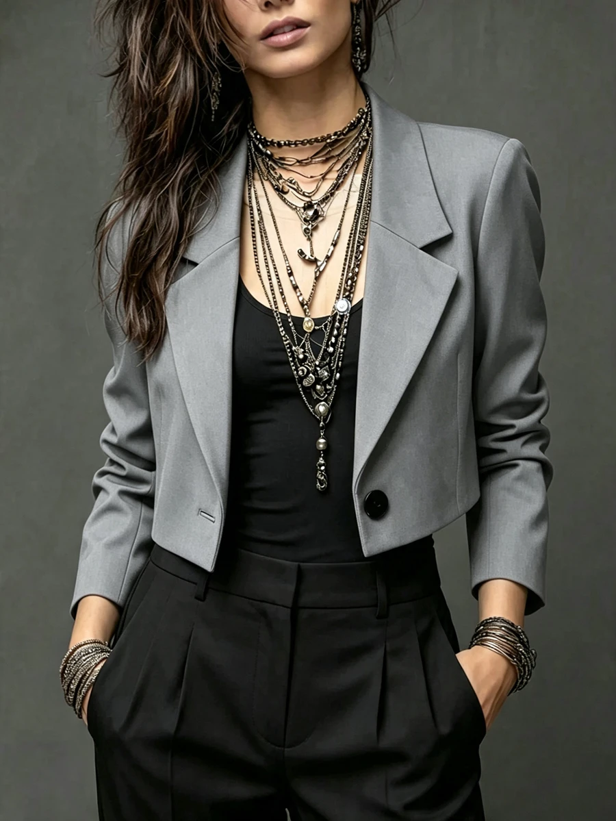 Franclia Women Short Suit Jacket, Casual Commuter Clothing, Ladies Apparel, Women Tops Fall Cloth For Women - Grey - View 1