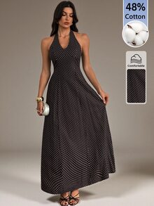 SHEIN Tall Gaun Wanita Elegan Motif Polkadot dengan Leher Halter - Coffee Brown - View 6