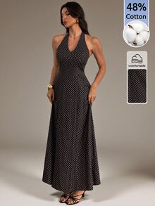 SHEIN Tall Gaun Wanita Elegan Motif Polkadot dengan Leher Halter - Coffee Brown - View 3
