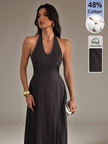SHEIN Tall Gaun Wanita Elegan Motif Polkadot dengan Leher Halter - Coffee Brown - View 5