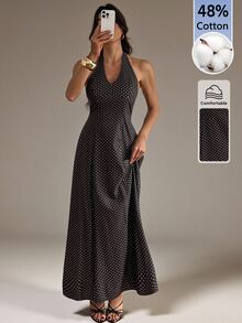 SHEIN Tall Gaun Wanita Elegan Motif Polkadot dengan Leher Halter - Coffee Brown - View 1