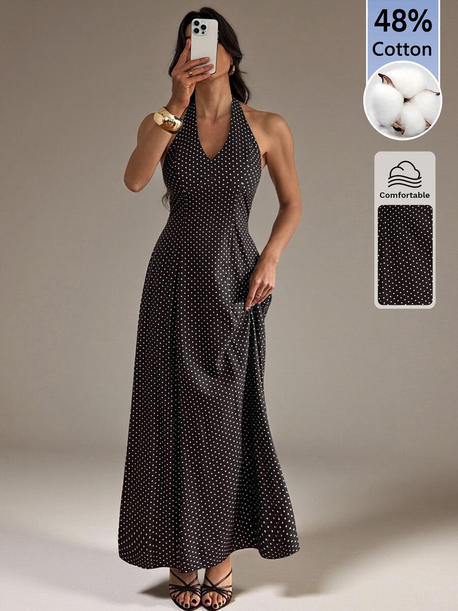 SHEIN Tall Gaun Wanita Elegan Motif Polkadot dengan Leher Halter - Coffee Brown - View 1