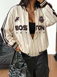 Coolane Women's Striped Letter Print Thin Jacket - Multicolor - View 1