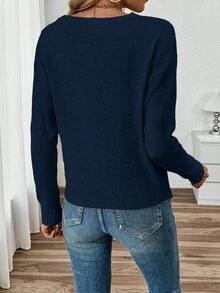 SHEIN PariChic 女款秋冬新款圓領寬鬆休閒基本款大尺寸套頭毛衣 教師節返校辦公室早午餐 海軍藍 - 藏蓝色 - 查看 2
