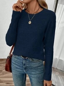 SHEIN PariChic 女款秋冬新款圓領寬鬆休閒基本款大尺寸套頭毛衣 教師節返校辦公室早午餐 海軍藍 - 藏蓝色 - 查看 1