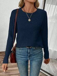 SHEIN PariChic 女款秋冬新款圓領寬鬆休閒基本款大尺寸套頭毛衣 教師節返校辦公室早午餐 海軍藍 - 藏蓝色 - 查看 3