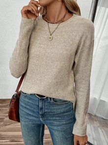 SHEIN PariChic 秋冬新款宽松休闲圆领套头毛衣 - 卡其色 - 查看 1