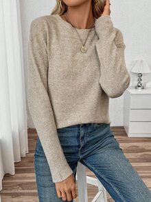 SHEIN PariChic 秋冬新款宽松休闲圆领套头毛衣 - 卡其色 - 查看 5