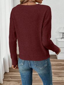 SHEIN LUNE 秋冬新款宽松休闲圆领套头毛衣 - 酒紅色 - 查看 2