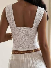 DAZY Women's Lace Print Fitted Square Neck Camisole Vacation Summer Cute Top - Grey - View 3