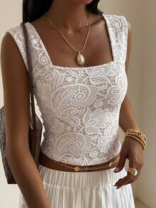 DAZY Women's Lace Print Fitted Square Neck Camisole Vacation Summer Cute Top - Grey - View 4