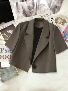 Franclia Women's Short Sleeve Lapel Neck Blazer,Coffee Brown Summer Casual Brunch Solid Color Business Suit Jacket,Oversized Blazers For Women Commuting Set - Olive Green - View 3