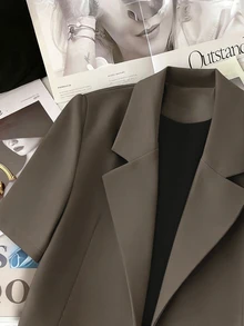 Franclia Women's Short Sleeve Lapel Neck Blazer,Coffee Brown Summer Casual Brunch Solid Color Business Suit Jacket,Oversized Blazers For Women Commuting Set - Olive Green - View 4