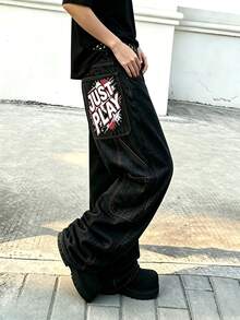 Manfinity EMRG Men's Black Retro Street Print Multifunctional Large Pocket Loose Wide Leg Jeans - Black - View 3