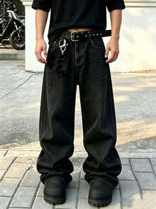 Manfinity EMRG Men's Black Retro Street Print Multifunctional Large Pocket Loose Wide Leg Jeans - Black - View 2