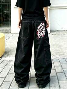 Manfinity EMRG Men's Black Retro Street Print Multifunctional Large Pocket Loose Wide Leg Jeans - Black - View 4