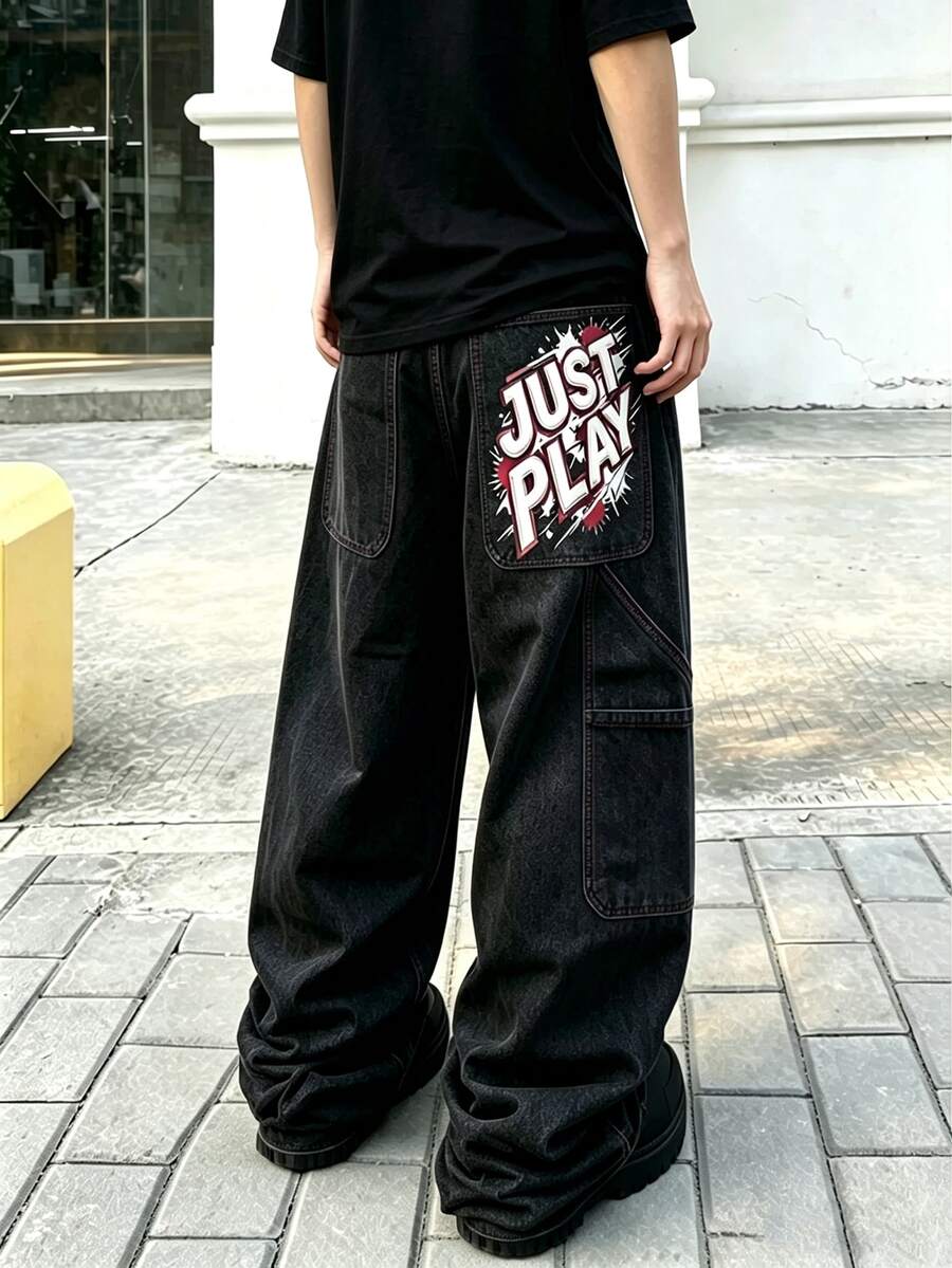 Manfinity EMRG Men's Black Retro Street Print Multifunctional Large Pocket Loose Wide Leg Jeans - Black - View 1