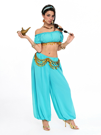 Conjunto de 2 piezas de disfraz de cosplay de película de anime de Halloween estilo princesa, top corto ultra corto y pantalones farol de gasa para mujeres