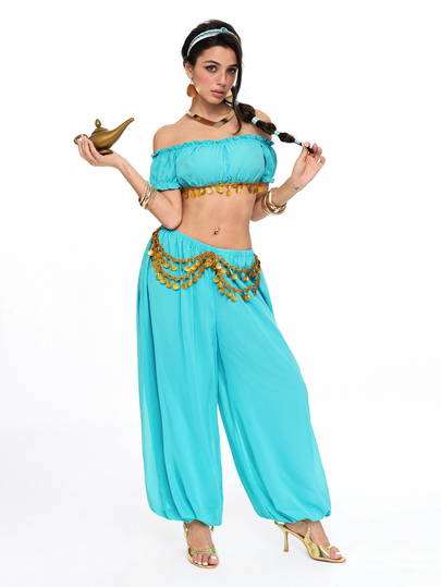 Conjunto de 2 piezas de disfraz de cosplay de película de anime de Halloween estilo princesa, top corto ultra corto y pantalones farol de gasa para mujeres