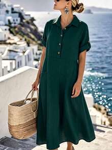 Linhara CURVE Plus-Size Women's Casual Button-Down Loose Dress With Long Sleeves And Rolled Hem, Featuring Wooden Button Details. Perfect For Daily Outings Fall - Dark Green - View 3