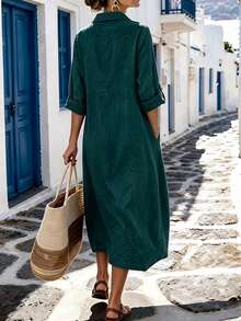 Linhara CURVE Plus-Size Women's Casual Button-Down Loose Dress With Long Sleeves And Rolled Hem, Featuring Wooden Button Details. Perfect For Daily Outings Fall - Dark Green - View 2
