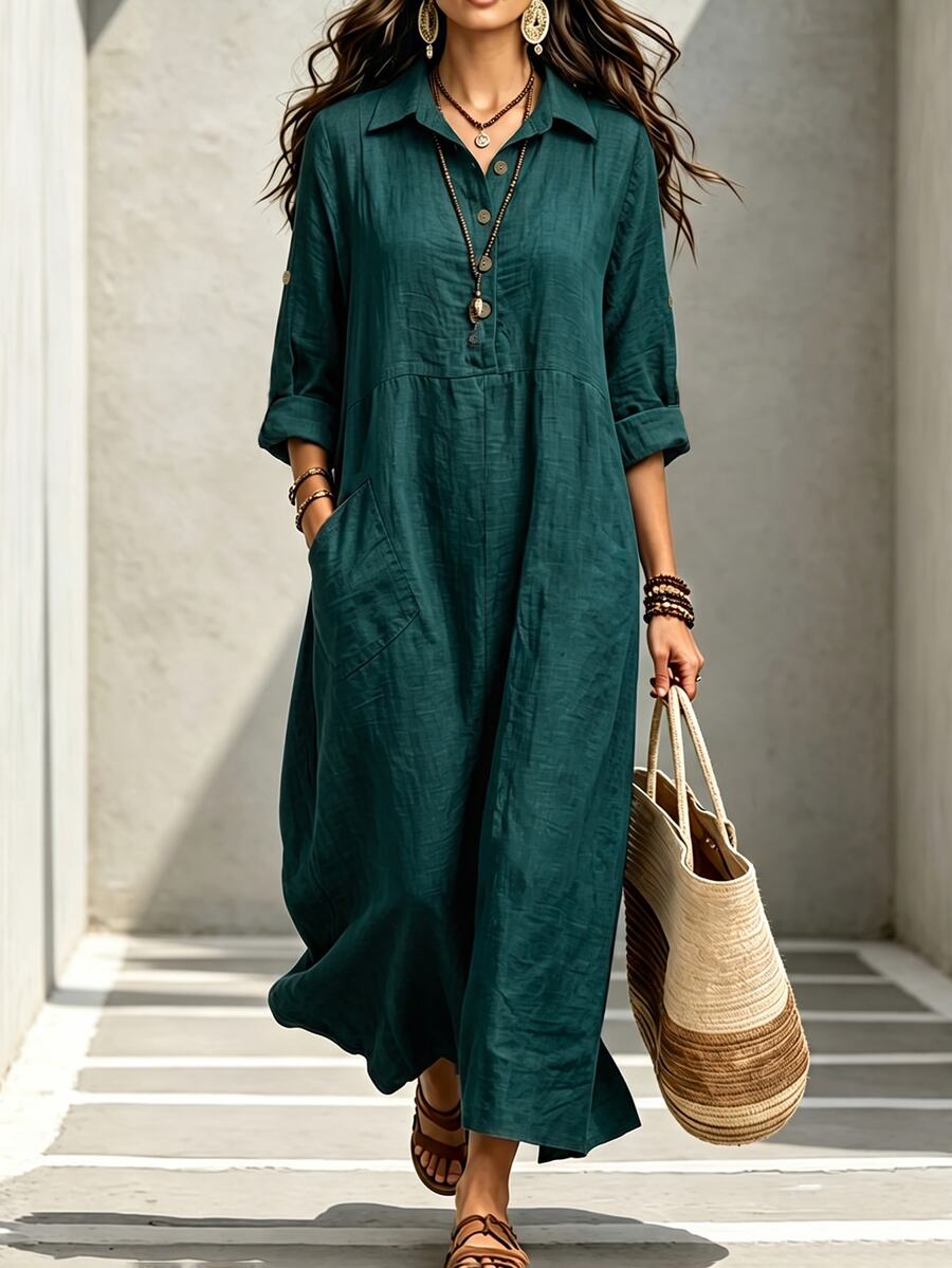Linhara CURVE Plus-Size Women's Casual Button-Down Loose Dress With Long Sleeves And Rolled Hem, Featuring Wooden Button Details. Perfect For Daily Outings Fall - Dark Green - View 1