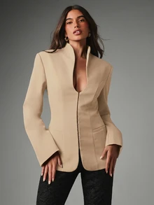MISSGUIDED Collarless Structured Blazer With Deep V-Neck Hook-And-Eye Closure Tailored Fit Flap Pockets Long Sleeve Office Party Jacket - Khaki - View 3
