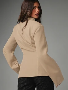 MISSGUIDED Collarless Structured Blazer With Deep V-Neck Hook-And-Eye Closure Tailored Fit Flap Pockets Long Sleeve Office Party Jacket - Khaki - View 5