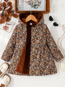 SHEIN 女童冬季外套，棕色碎花，保暖內裡，連帽，雙排扣，時尚夾克，適合休閒日常穿著，可愛優雅 - 棕色 - 查看 4