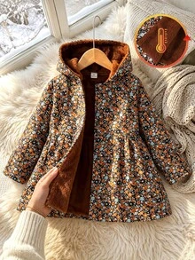 SHEIN 女童冬季外套，棕色碎花，保暖內裡，連帽，雙排扣，時尚夾克，適合休閒日常穿著，可愛優雅 - 棕色 - 查看 5